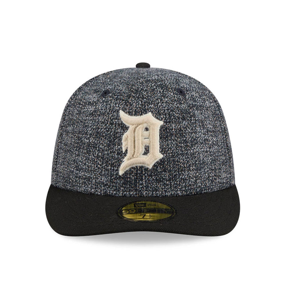 Detroit Tigers MLB Tweedy Cotton Black New Era 59FIFTY Fitted Cap, front view showing a raised cream embroidered D logo on the textured black and grey crown, with a black flat visor and a gold 59FIFTY size sticker.