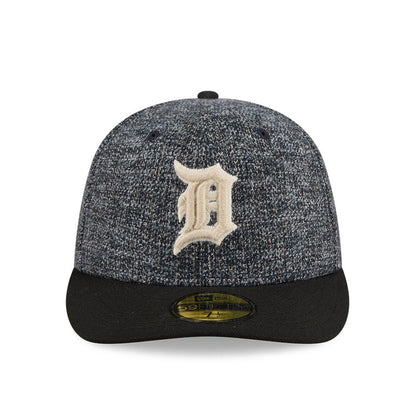 Detroit Tigers MLB Tweedy Cotton Black New Era 59FIFTY Fitted Cap, front view showing a raised cream embroidered D logo on the textured black and grey crown, with a black flat visor and a gold 59FIFTY size sticker.