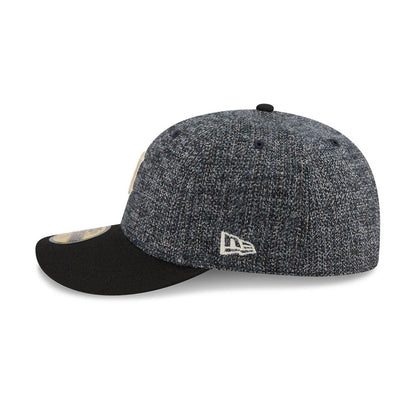 Detroit Tigers MLB Tweedy Cotton Black New Era 59FIFTY Fitted Cap, side view showing the embroidered New Era flag logo on the left side, with a textured tweed crown and a curved black visor featuring a gold 59FIFTY size sticker.