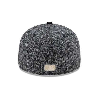 Detroit Tigers MLB Tweedy Cotton Black New Era 59FIFTY Fitted Cap, rear view showing the cream-coloured embroidered MLB Batterman logo at the centre back, with a tweedy textured fabric and a black top button on the fitted crown.