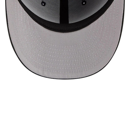 Detroit Tigers MLB Tweedy Cotton Black New Era 59FIFTY Fitted Cap, inside view showing the grey undervisor contrasted by black trim, with black sweatband and taping forming triangular sections within the structured crown.
