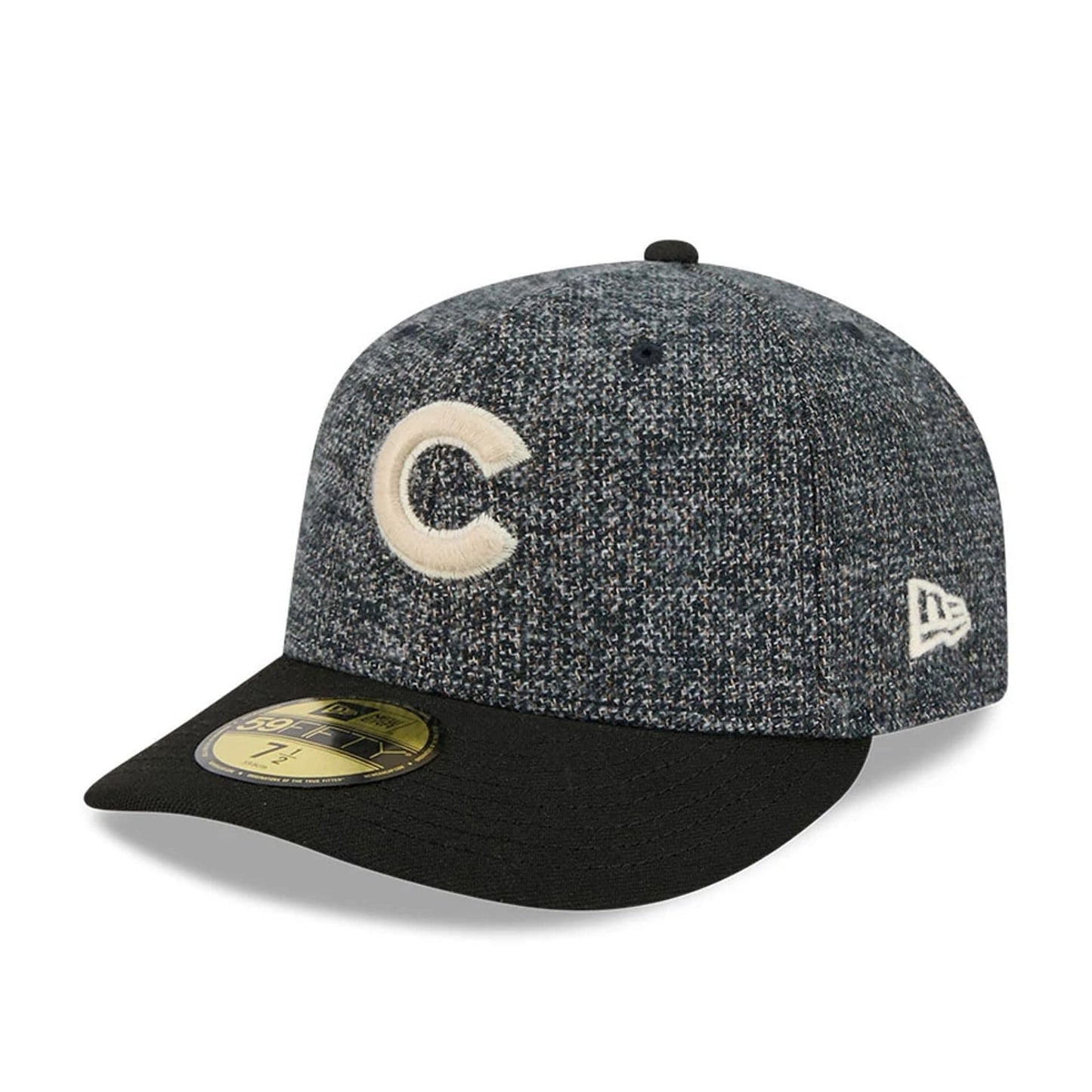 Pictured is this MLB Tweedy Cotton Chicago Cubs 59FIFTY Fitted cap in black. 1