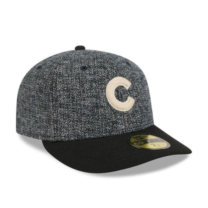 Chicago Cubs MLB Tweedy Cotton Black New Era 59FIFTY Fitted Cap, three-quarter view showing the white raised embroidered C logo on the tweedy crown, with a black flat visor and a gold 59FIFTY size sticker on the visor.