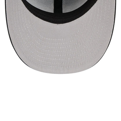 New York Yankees MLB Tweedy Cotton Black New Era 59FIFTY Fitted Cap, inside view showing a grey undervisor, black internal taping running along the seams, and a contrasting black sweatband for enhanced comfort and style.