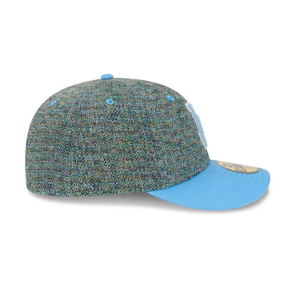 LA Dodgers MLB Tweedy Cotton Pastel Blue New Era 59FIFTY Fitted Cap, side view showing the New Era flag logo embroidered on the left side of the multi-coloured tweed crown, contrasting with a pastel blue visor featuring a gold 59FIFTY size sticker.