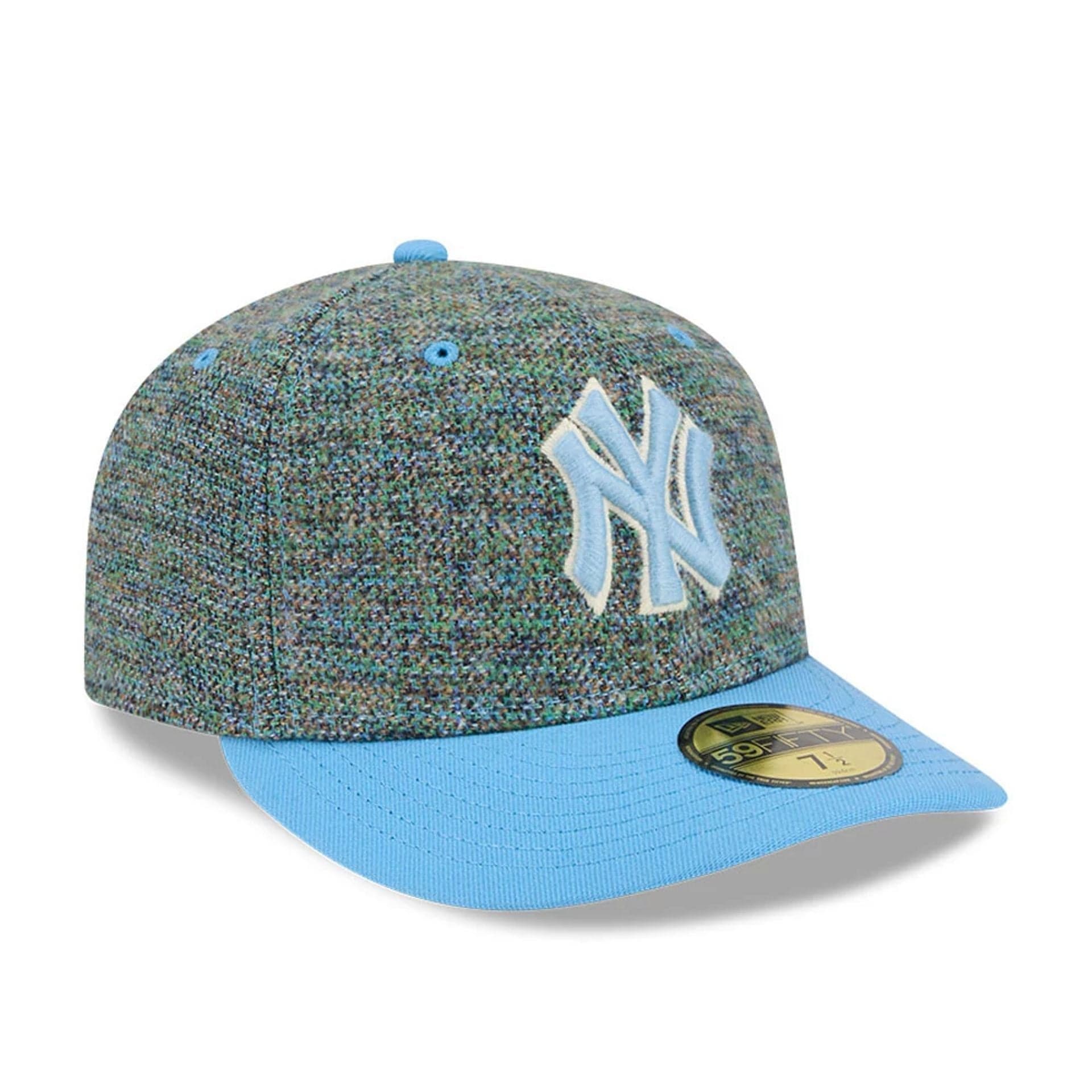 Pictured is this MLB Tweedy Cotton New York Yankees 59FIFTY Fitted cap in pastel blue. 4