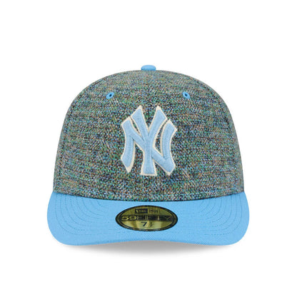 New York Yankees MLB Tweedy Cotton Pastel Blue New Era 59FIFTY Fitted Cap, front view showing a raised light blue embroidered NY logo on the multicoloured tweed texture crown, with a matching pastel blue flat visor and a gold 59FIFTY size sticker.