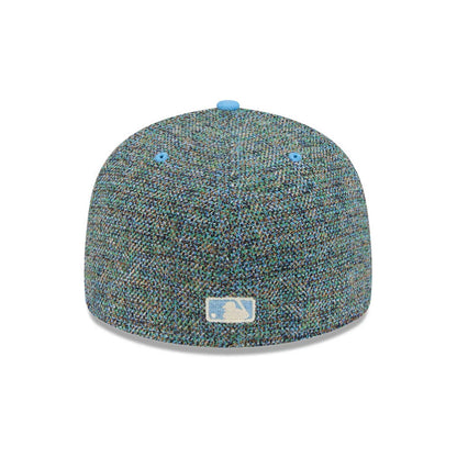 New York Yankees MLB Tweedy Cotton Pastel Blue New Era 59FIFTY Fitted Cap, rear view showing the light blue embroidered MLB Batterman logo at the centre back on a textured tweedy cotton crown, with pastel blue eyelets and top button detail.