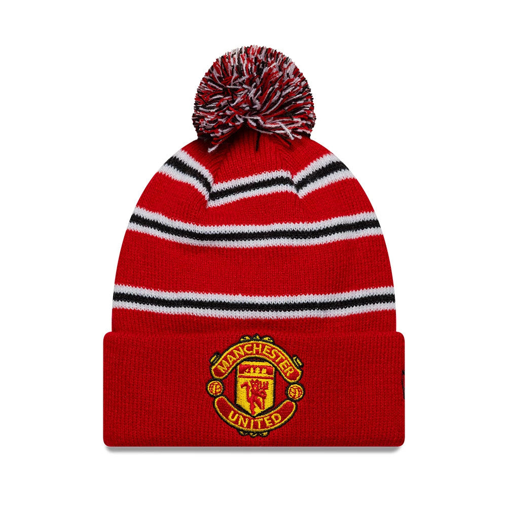 Pictured is this Infant Stripe Manchester United FC Cuff knit Beanie hat in red. 1