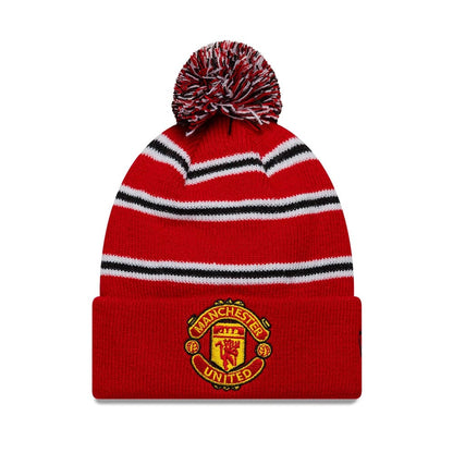 Pictured is this Infant Stripe Manchester United FC Cuff knit Beanie hat in red. 1