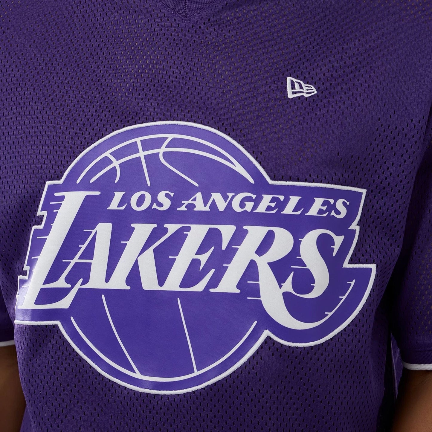 The model is wearing this NBA Mesh LA Lakers Oversized T-Shirt in purple. 5