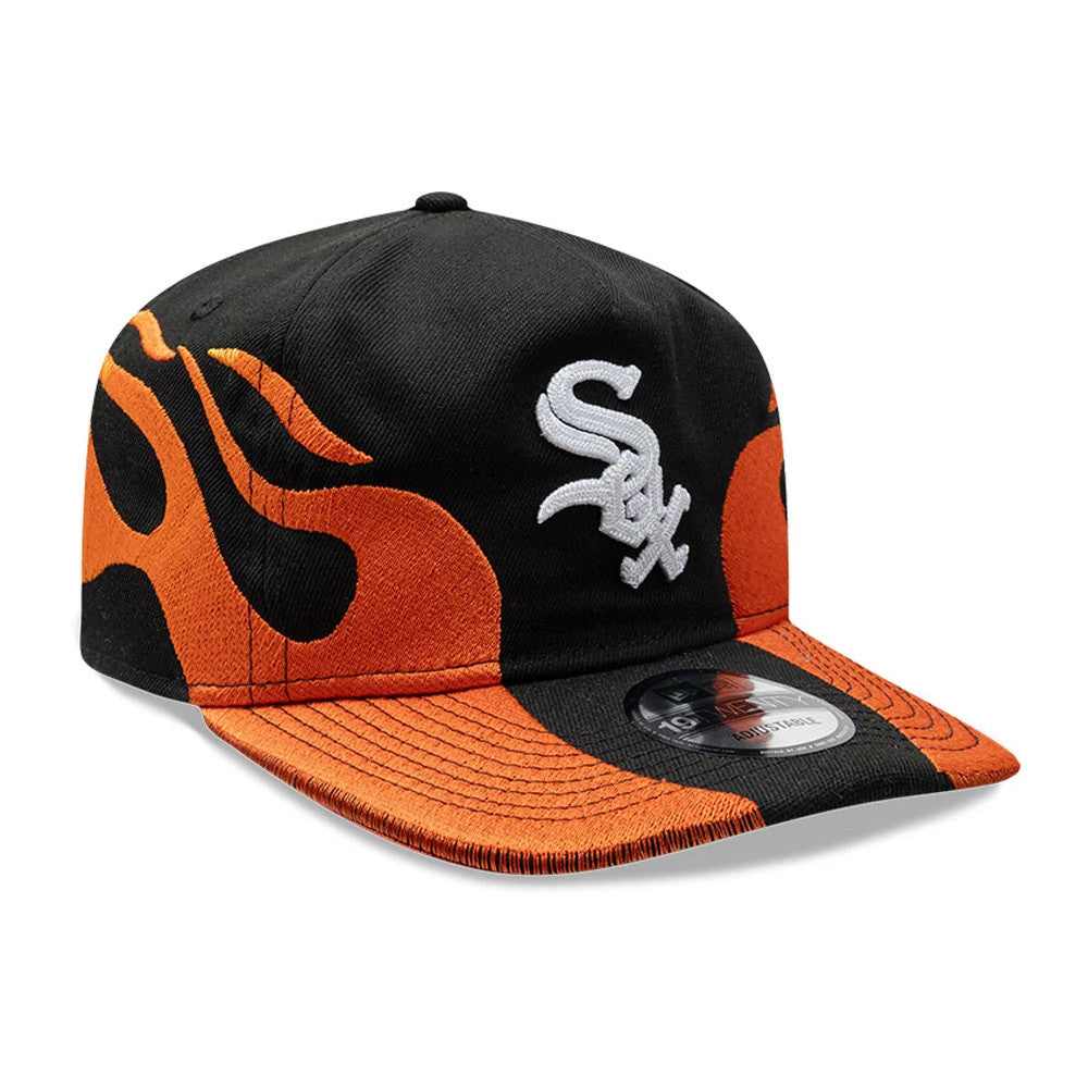 Chicago White Sox MLB Flame Black New Era 19TWENTY Cap, front view showing the white raised Sox logo embroidered on the front panel, accompanied by vivid orange flame graphics across the black crown and curved visor.