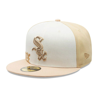 Pictured is this MLB Gothic Script Chicago White Sox 59FIFTY Fitted cap in light beige. 5