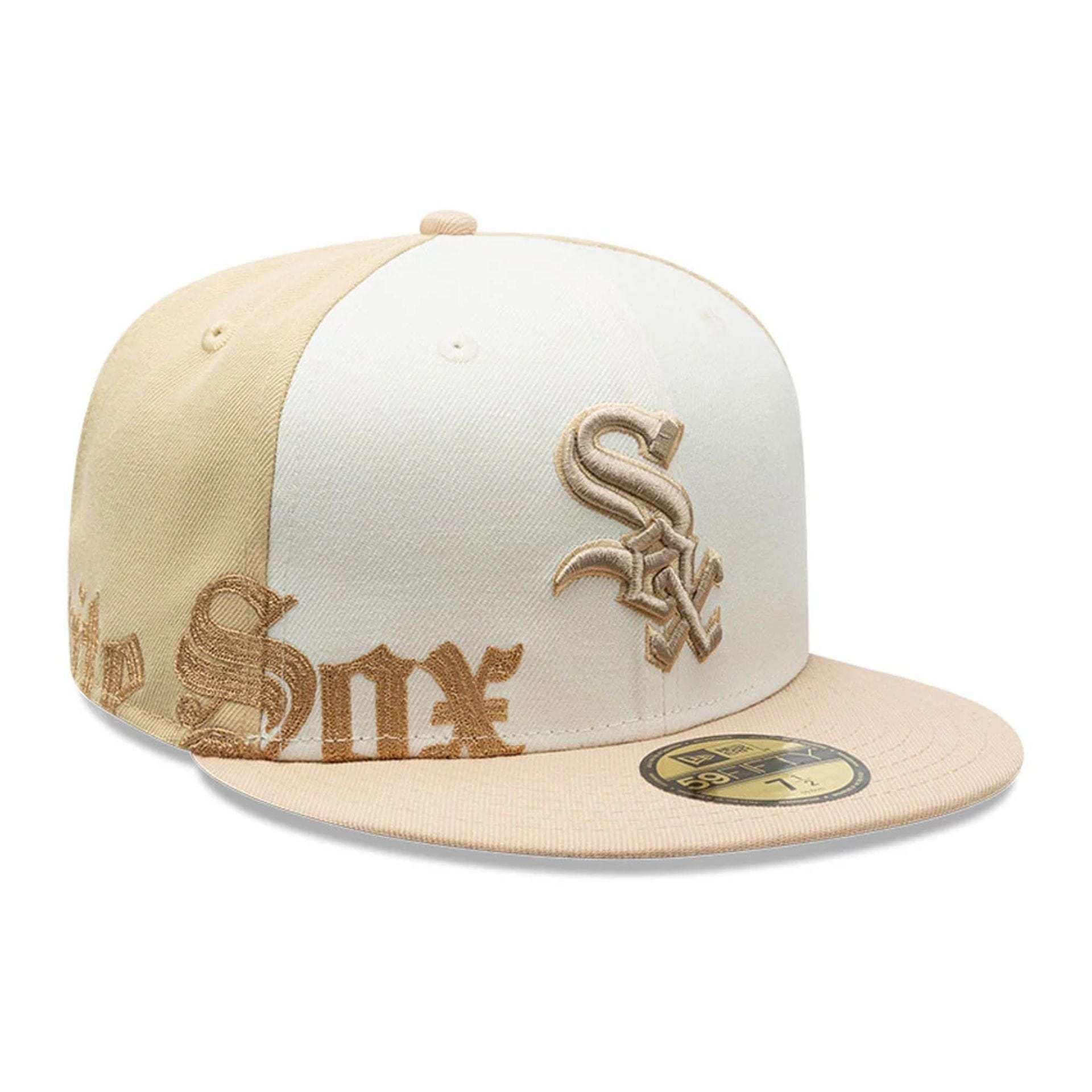Pictured is this MLB Gothic Script Chicago White Sox 59FIFTY Fitted cap in light beige. 1