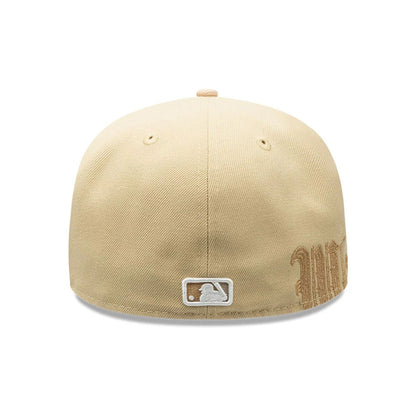 Pictured is this MLB Gothic Script Chicago White Sox 59FIFTY Fitted cap in light beige. 6