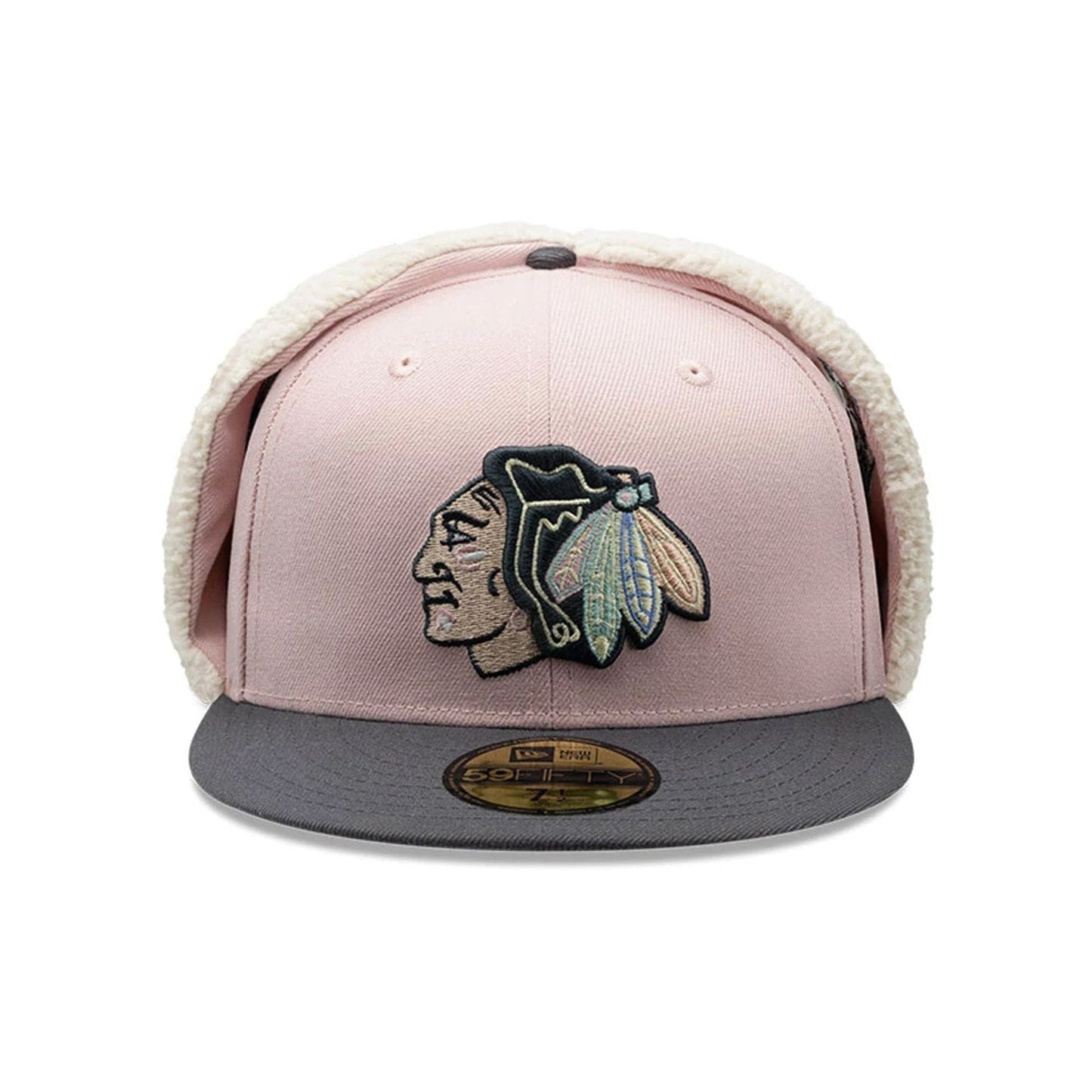 Pictured is this NHL Patch Chicago Blackhawks Dogear 59FIFTY Fitted cap in pastel pink. 3