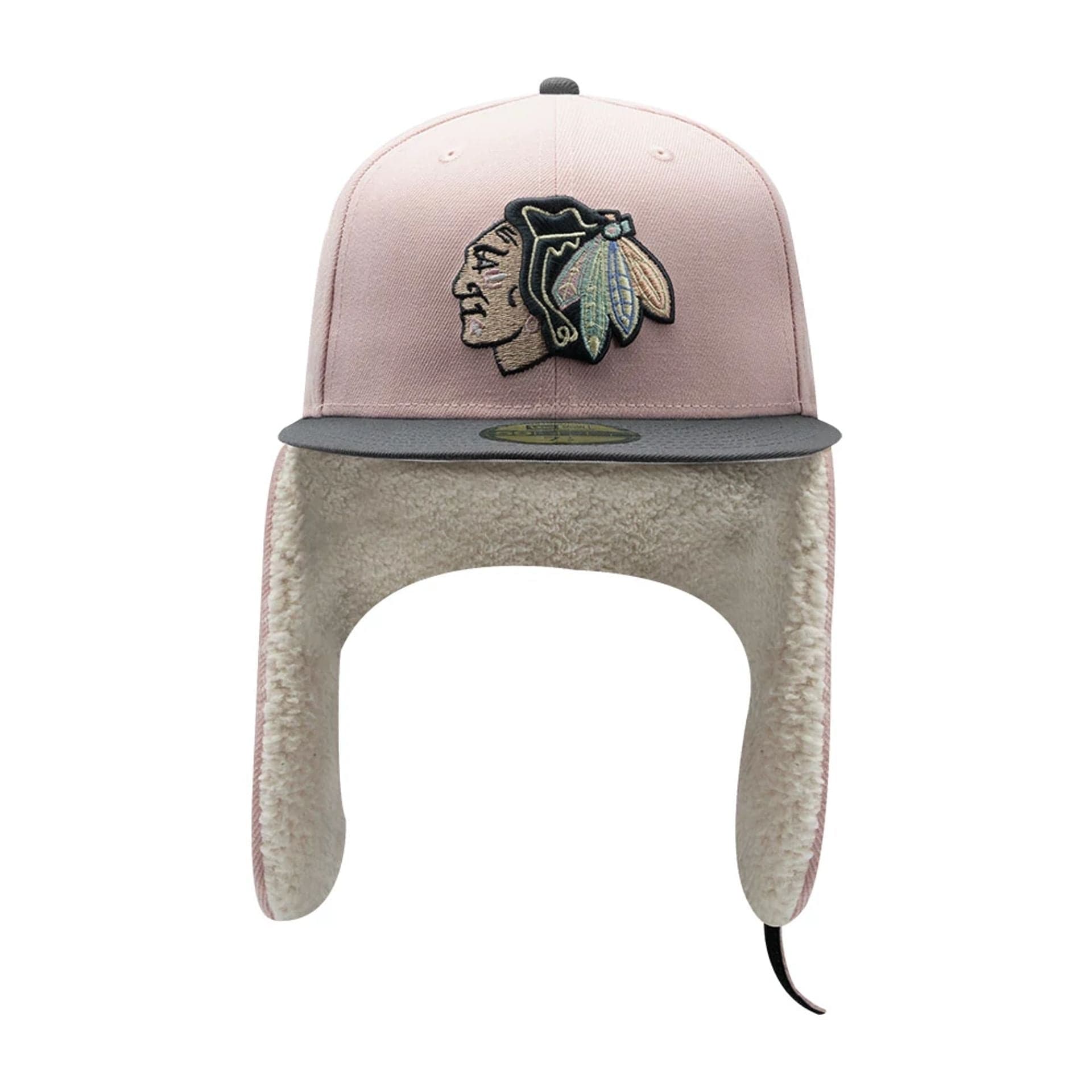 Pictured is this NHL Patch Chicago Blackhawks Dogear 59FIFTY Fitted cap in pastel pink. 7
