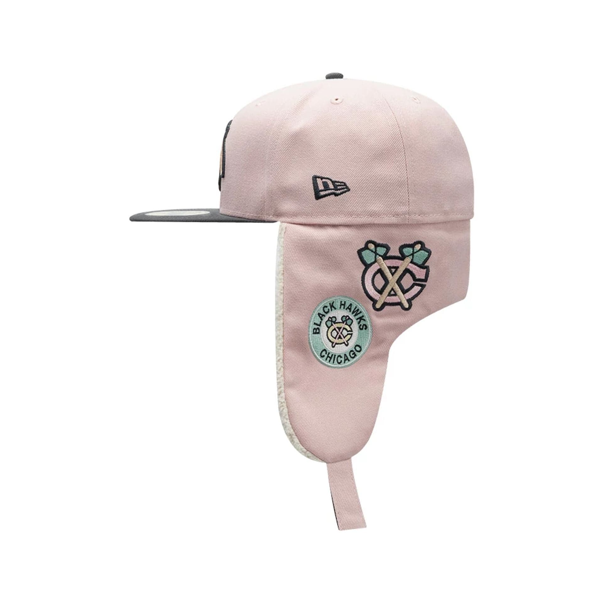 Pictured is this NHL Patch Chicago Blackhawks Dogear 59FIFTY Fitted cap in pastel pink. 9