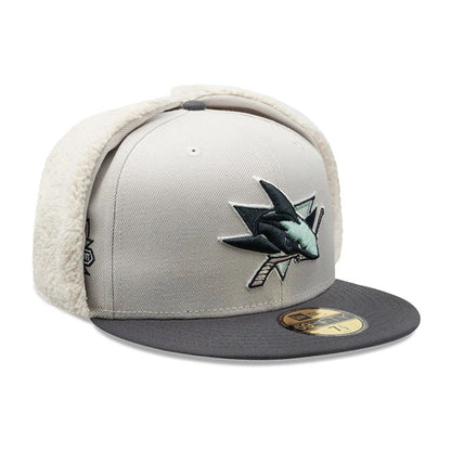 Pictured is this NHL Patch San Jose Sharks Dogear 59FIFTY Fitted cap in light beige. 1