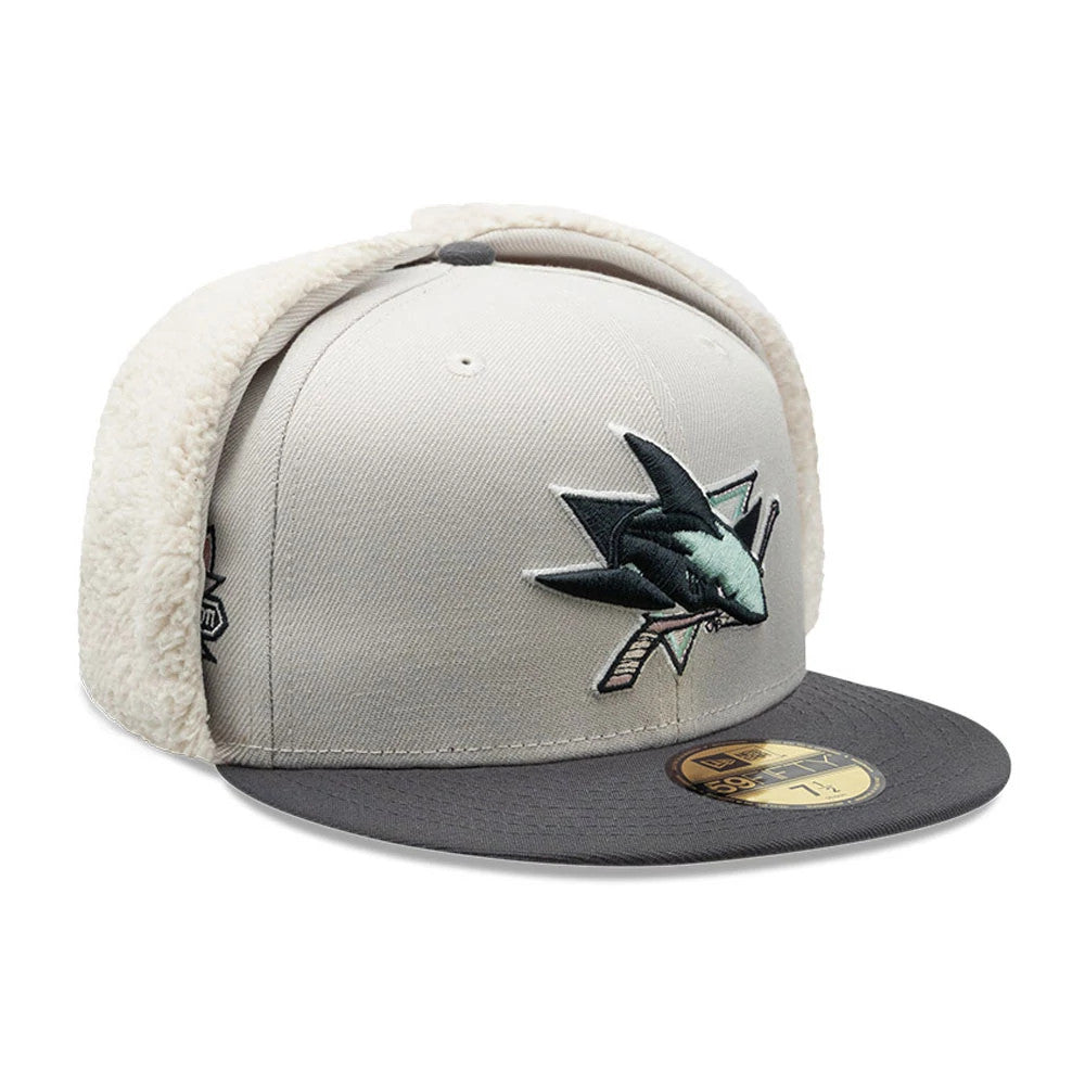 Pictured is this NHL Patch San Jose Sharks Dogear 59FIFTY Fitted cap in light beige. 1