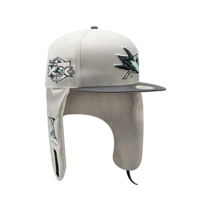 Pictured is this NHL Patch San Jose Sharks Dogear 59FIFTY Fitted cap in light beige. 2