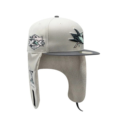 Pictured is this NHL Patch San Jose Sharks Dogear 59FIFTY Fitted cap in light beige. 2