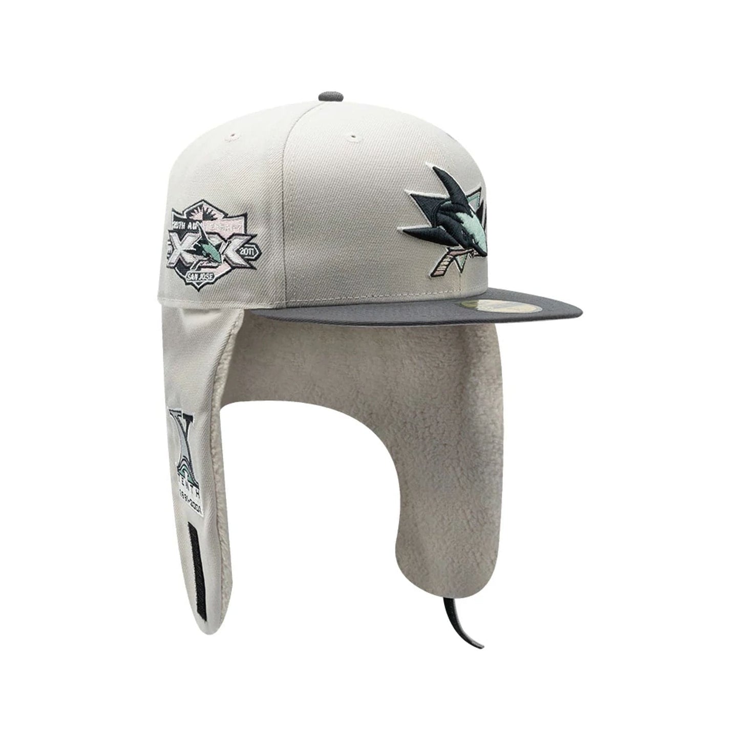 Pictured is this NHL Patch San Jose Sharks Dogear 59FIFTY Fitted cap in light beige. 2