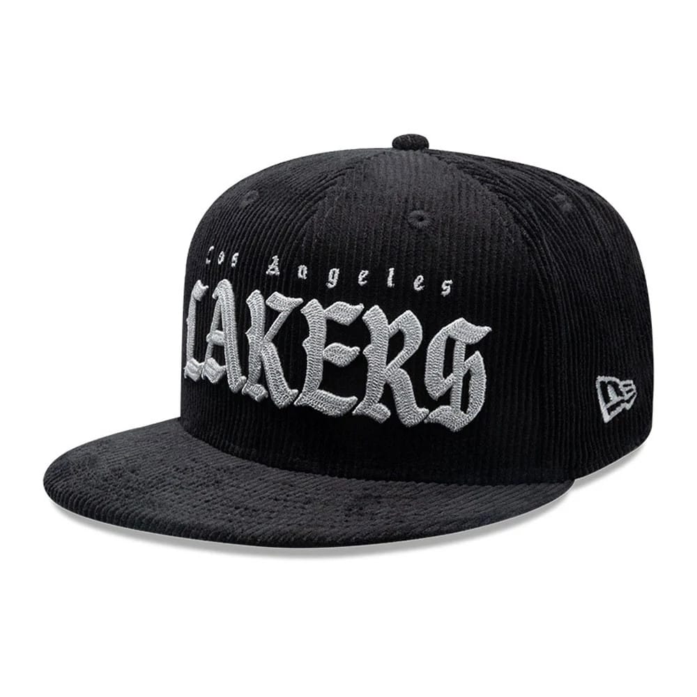 Pictured is this NBA Old English LA Lakers 9FIFTY Snapback cap in black. 1