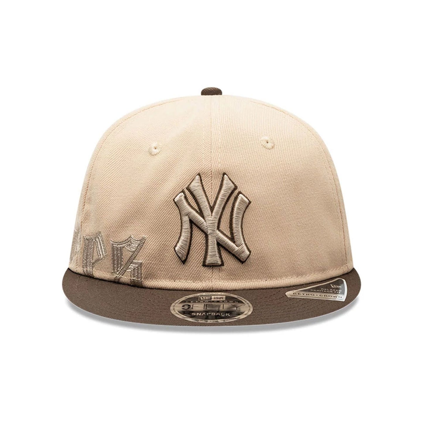 Pictured is this MLB Gothic Script New York Yankees Retro Crown 9FIFTY cap in beige. 2