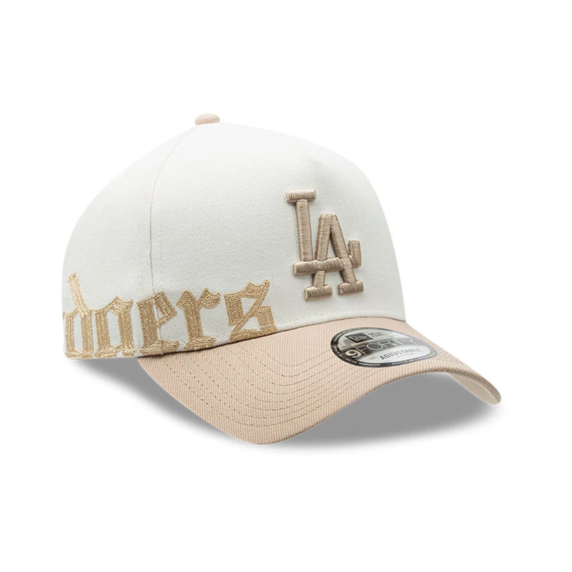 Pictured is this MLB Gothic Script LA Dodgers 9FORTY A-Frame cap in white. 1