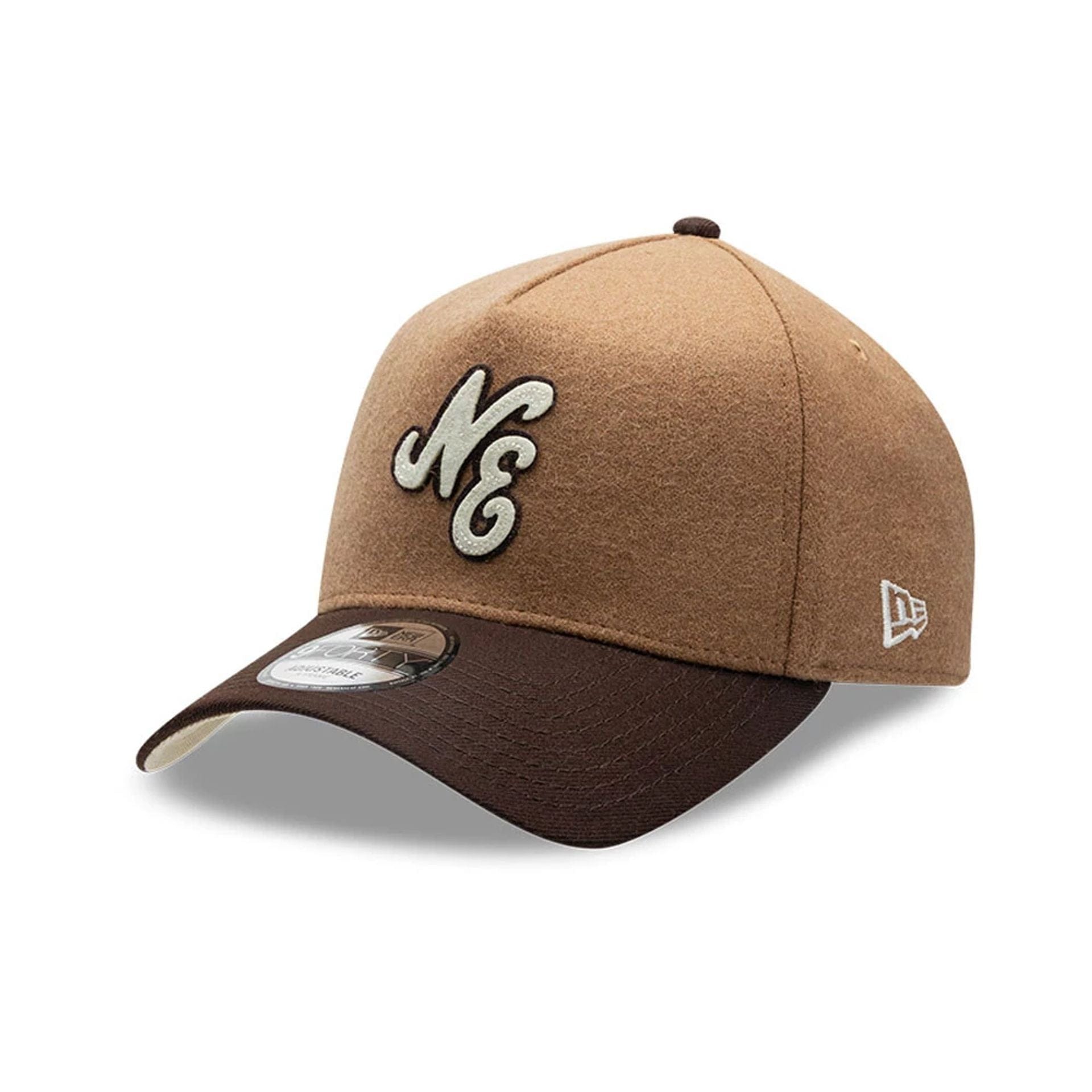 Pictured is this New Era Melton Wool 9FORTY A-Frame cap in beige. 1