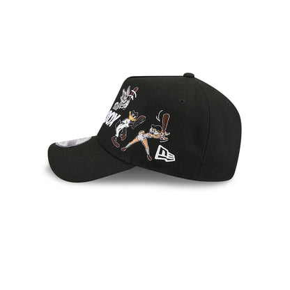Chicago White Sox MLB X Looney Tunes Black New Era 9FORTY A-Frame Adjustable Cap, side view showing Bugs Bunny and other Looney Tunes characters in colourful embroidery on the structured black crown, with a white New Era flag logo on the left side.