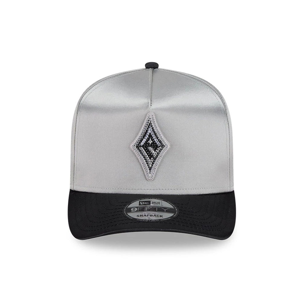 Pictured is this WNBA Draft 2026 Las Vegas Aces 9FIFTY A-Frame Snapback cap in silver. 2