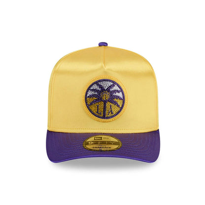 LA Sparks WNBA Draft 2026 Yellow New Era 9FIFTY A-Frame Snapback Adjustable Cap, front view showing the round glittering purple and yellow palm tree logo on the structured yellow crown, with a purple flat visor and a gold 9FIFTY size sticker.