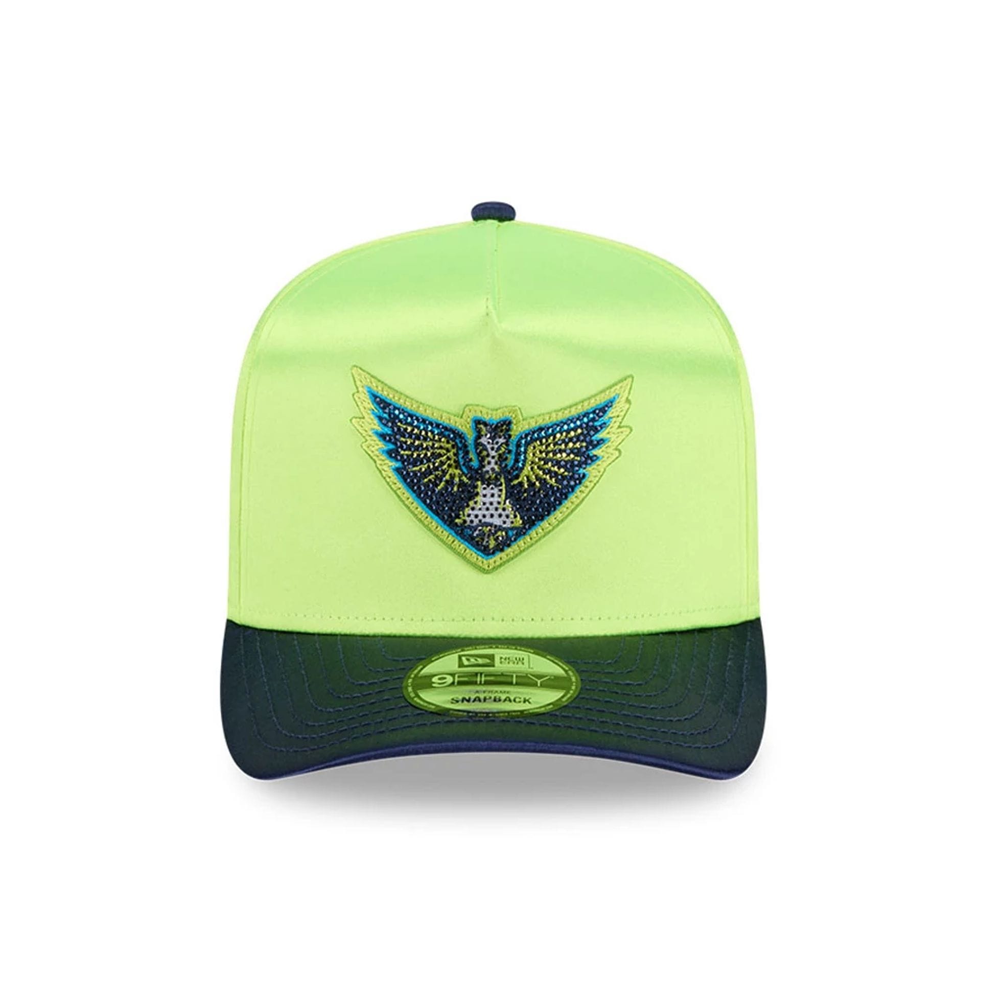 Pictured is this WNBA Draft 2026 Dallas Wings 9FIFTY A-Frame Snapback cap in bright green. 3