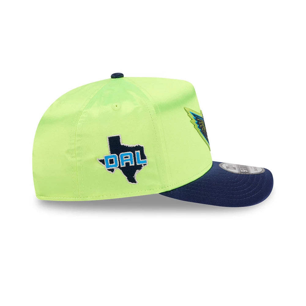 Wings WNBA Draft 2026 Bright Green New Era 9FIFTY A-Frame Snapback Adjustable Cap, side view showing the blue and white embroidered DAL logo against a Texas shape, bright green structured crown.