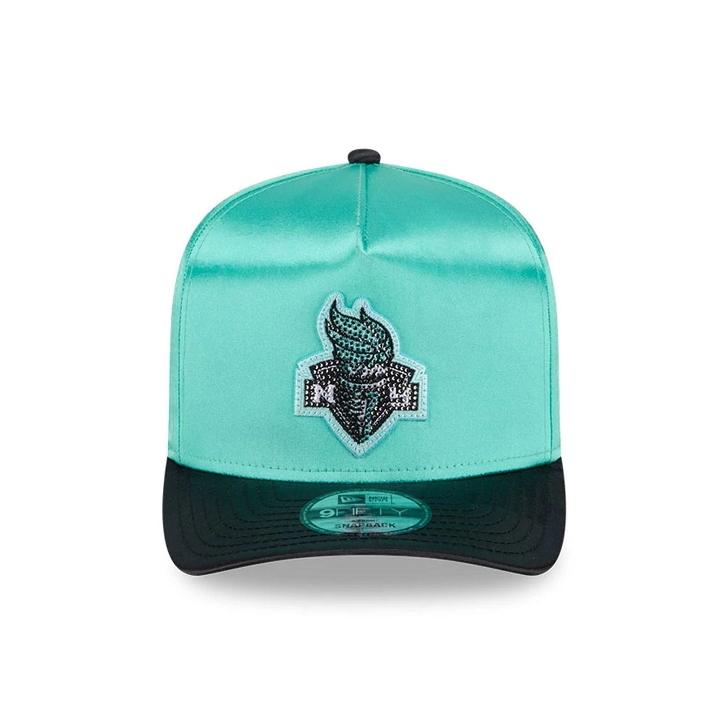 Pictured is this WNBA Draft 2026 New York Liberty 9FIFTY A-Frame Snapback cap in pastel green. 3