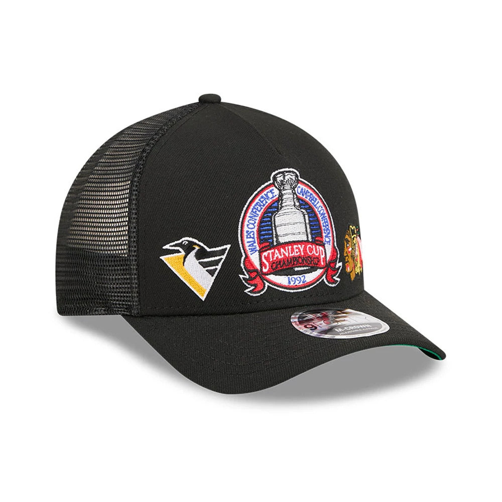 Pictured is this NHL Stanley Cup Champions Pittsburgh Penguins 9FORTY M-Crown A-Frame Trucker Adjustable cap in black. 4