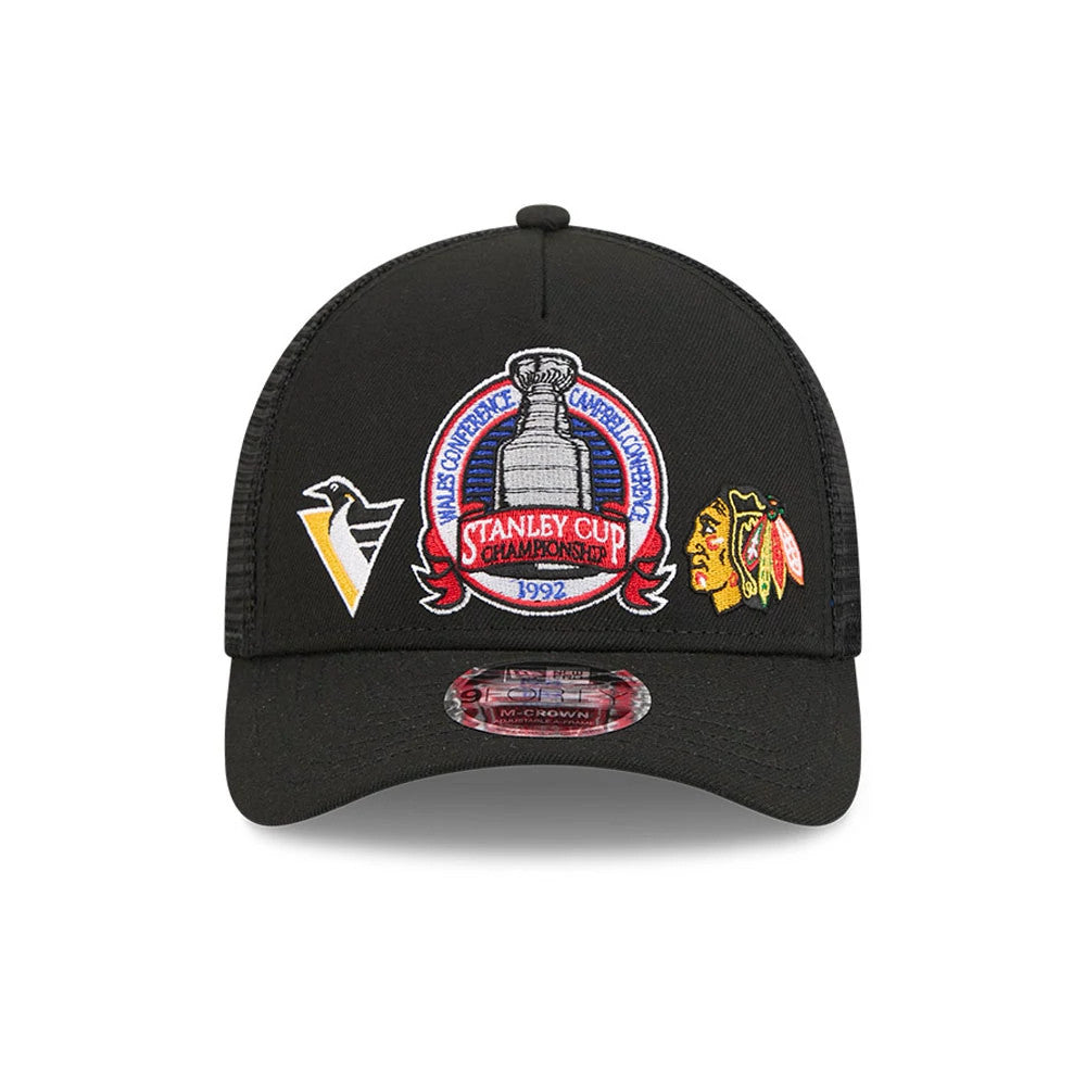 Pictured is this NHL Stanley Cup Champions Pittsburgh Penguins 9FORTY M-Crown A-Frame Trucker Adjustable cap in black. 3