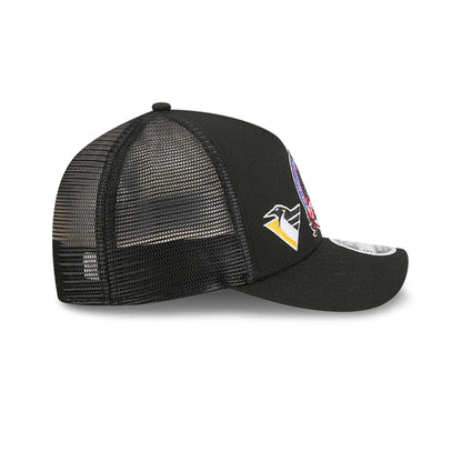 Pictured is this NHL Stanley Cup Champions Pittsburgh Penguins 9FORTY M-Crown A-Frame Trucker Adjustable cap in black. 7