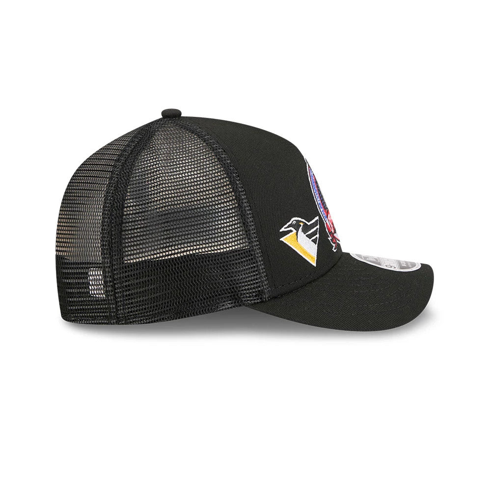 Pictured is this NHL Stanley Cup Champions Pittsburgh Penguins 9FORTY M-Crown A-Frame Trucker Adjustable cap in black. 7