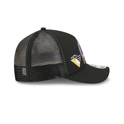 Pictured is this NHL Stanley Cup Champions Pittsburgh Penguins 9FORTY M-Crown A-Frame Trucker Adjustable cap in black. 7