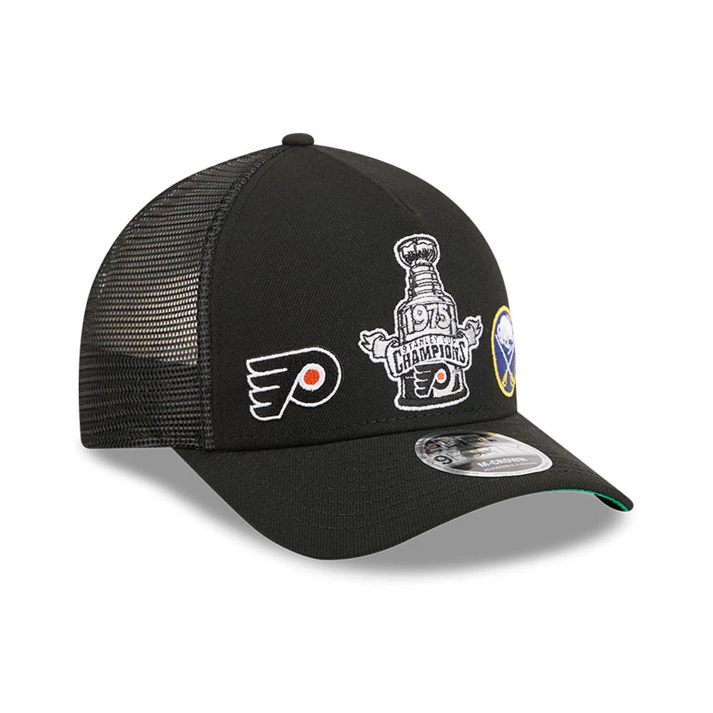 Pictured is this NHL Stanley Cup Champions Philadelphia Flyers 9FORTY M-Crown A-Frame Trucker Adjustable cap in black. 3
