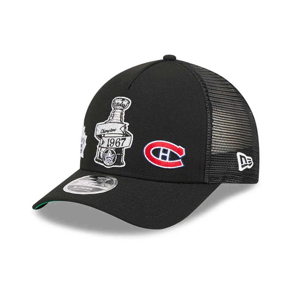 Pictured is this NHL Stanley Cup Champions Toronto Maple Leafs 9FORTY M-Crown A-Frame Trucker Adjustable cap in black. 1