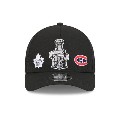 Pictured is this NHL Stanley Cup Champions Toronto Maple Leafs 9FORTY M-Crown A-Frame Trucker Adjustable cap in black. 3