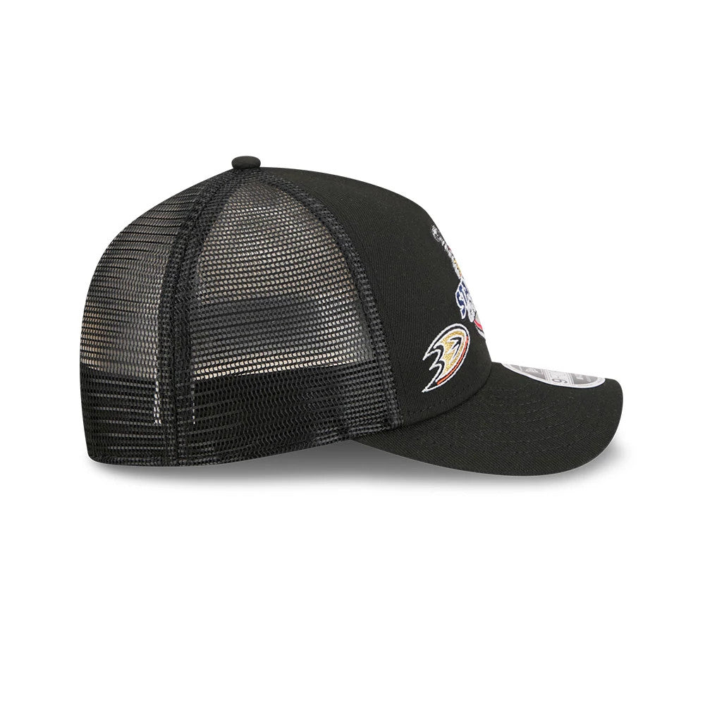 Pictured is this NHL Stanley Cup Champions Anaheim Ducks 9FORTY M-Crown A-Frame Trucker Adjustable cap in black. 6