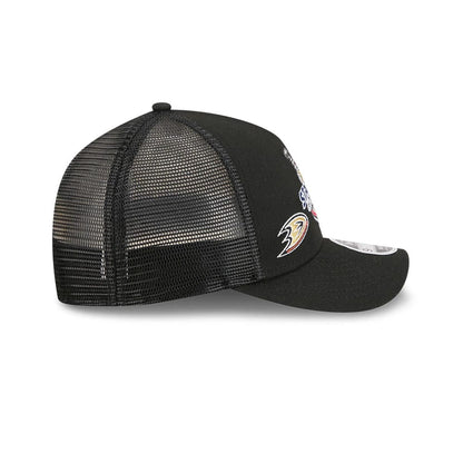 Pictured is this NHL Stanley Cup Champions Anaheim Ducks 9FORTY M-Crown A-Frame Trucker Adjustable cap in black. 6