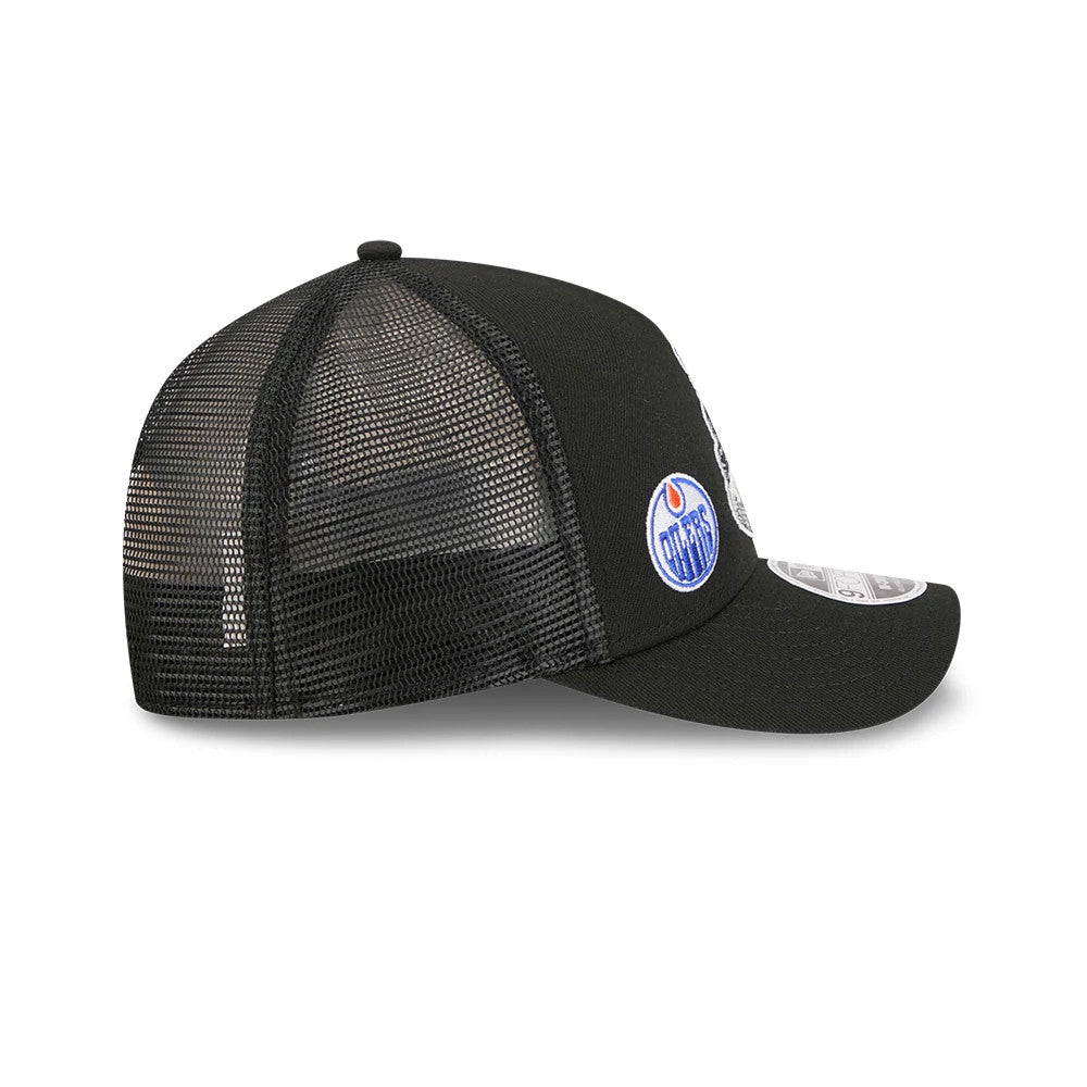 Pictured is this NHL Stanley Cup Champions Edmonton Oilers 9FORTY M-Crown A-Frame Trucker Adjustable cap in black. 5
