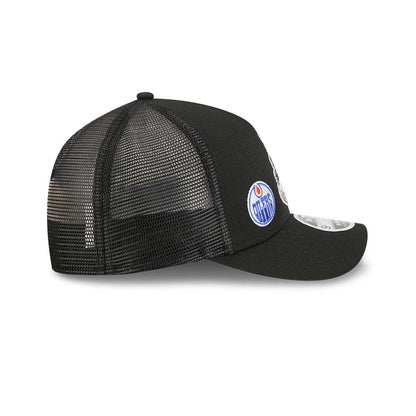 Pictured is this NHL Stanley Cup Champions Edmonton Oilers 9FORTY M-Crown A-Frame Trucker Adjustable cap in black. 5