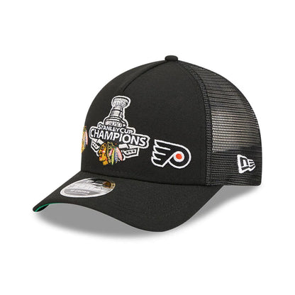 Pictured is this NHL Stanley Cup Champions Chicago Blackhawks 9FORTY M-Crown A-Frame Trucker Adjustable cap in black. 1